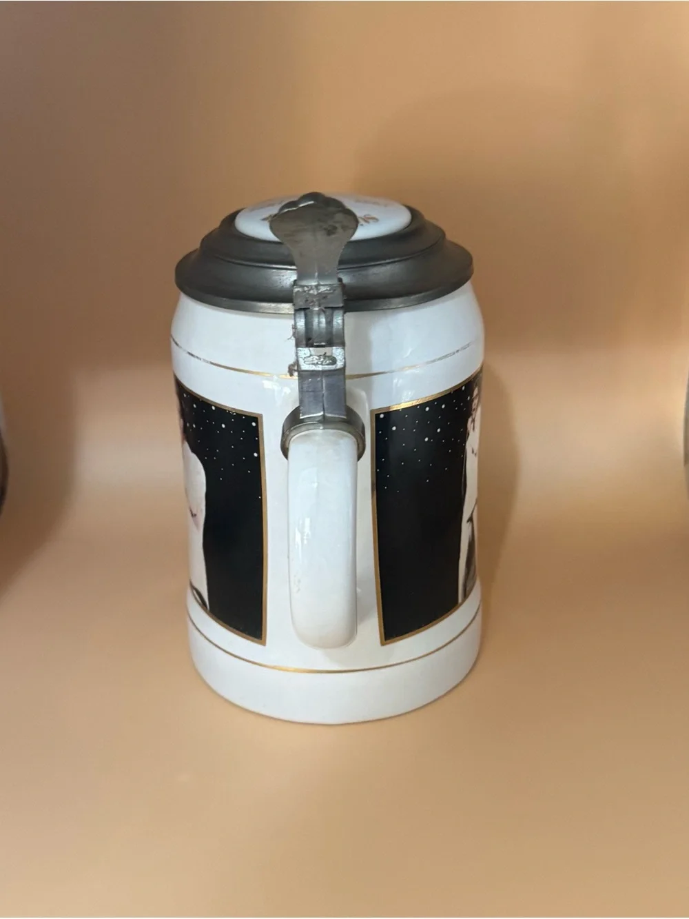 White and Black Ceramic Stein with Pewter Lid - Elvis Design